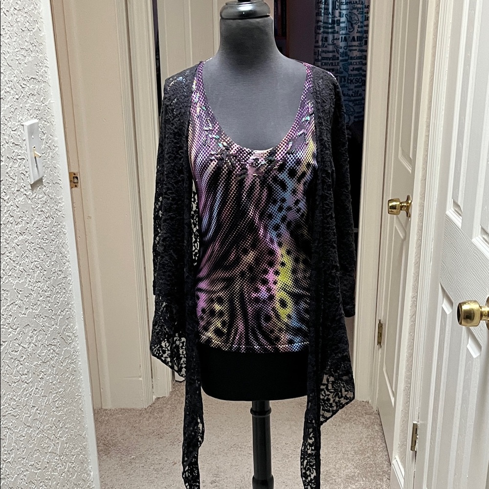 Alberto Makali Black Multicolor Animal Print Top with Lace Sleeves Size Medium - Picture 5 of 6